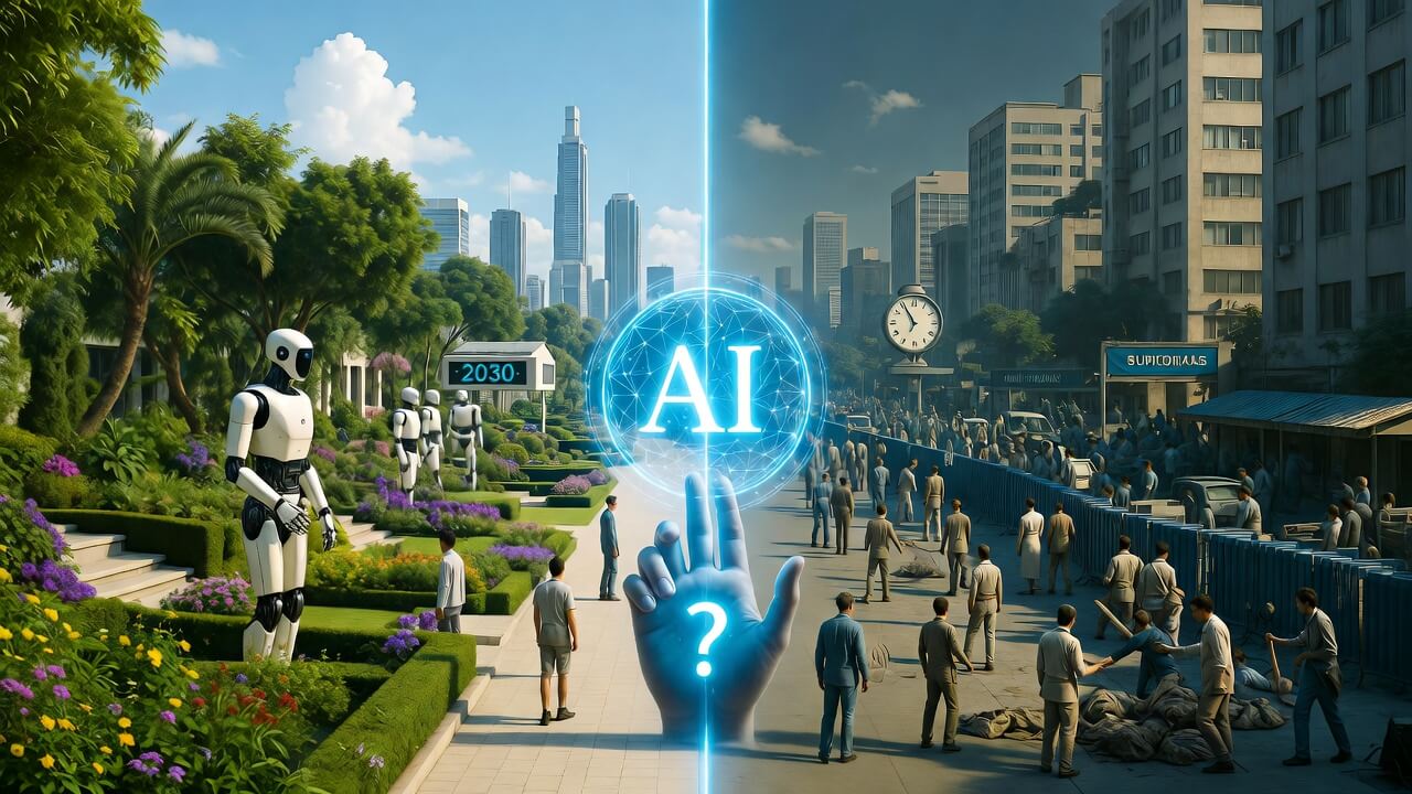 Futuristic cityscape with AI and technology elements