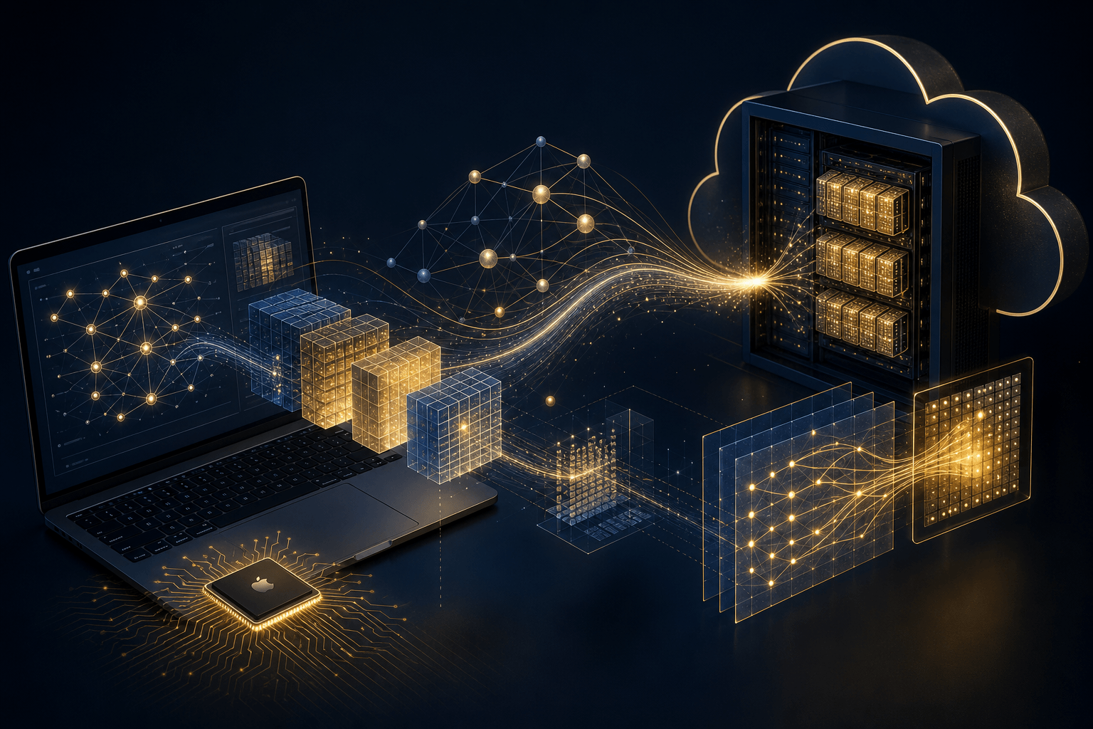 An AI agent's luminous memory state flowing from a local Apple Silicon laptop into a cloud GPU server