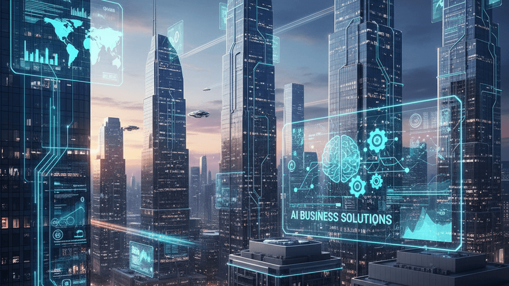 Futuristic cityscape with AI and technology elements